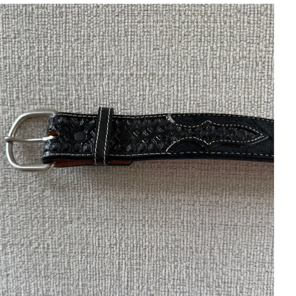 Nocona Men's Western Belt Size 56 Black Tooled Leather Basketweave USA Made